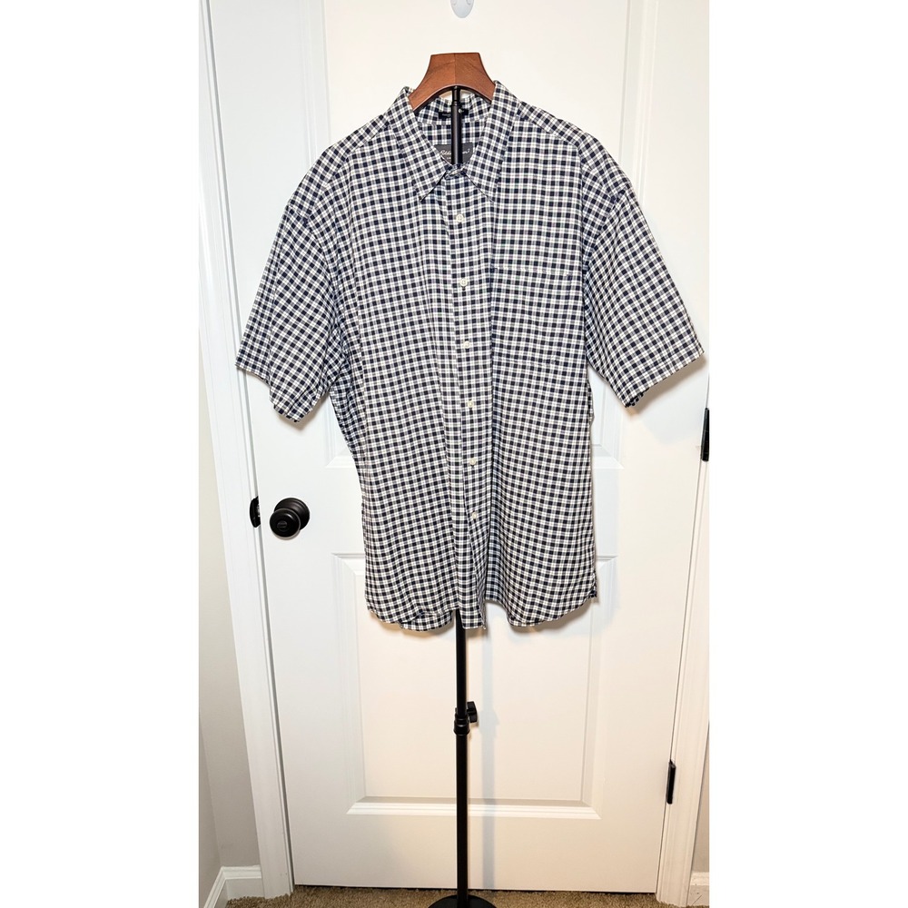 Eddie Bauer Mens XXL Corded Chambray Plaid Short Sleeve Button Down Shirt Navy